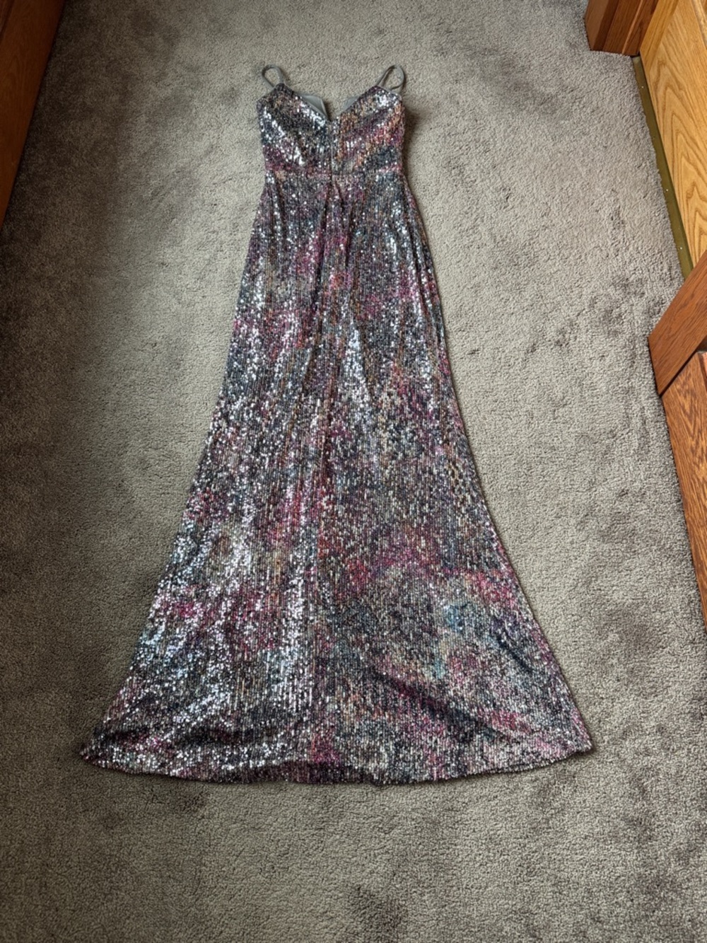 Xscape Multicolor Sequin Maxi Formal Dress Spaghetti Strap Slit SIZE 2 - Picture 7 of 7